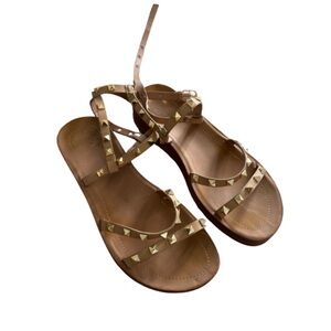 Tan and Gold Strappy Sandals with Studded Embellishments